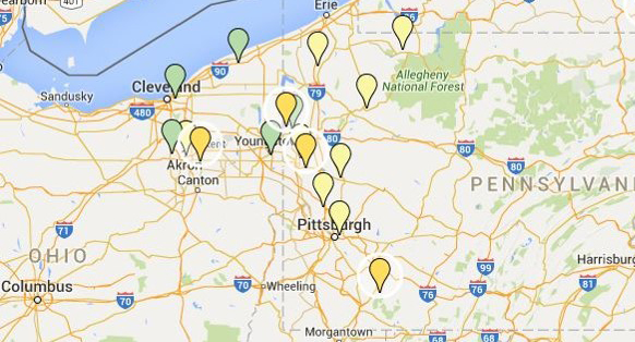 map of Northeast Ohio and Western Pennsylvania, representing ASW Pipeline's service area
